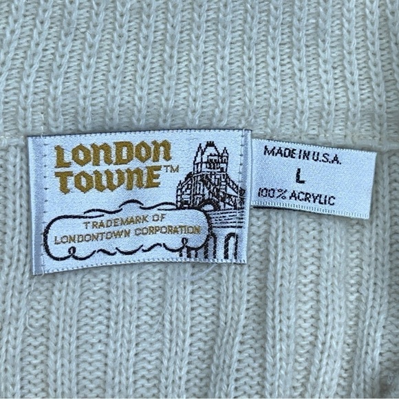 VINTAGE LONDON TOWNE LARGE IVORY WHITE CARDIGAN SWEATER RETRO ROCKABILLY - Picture 3 of 10